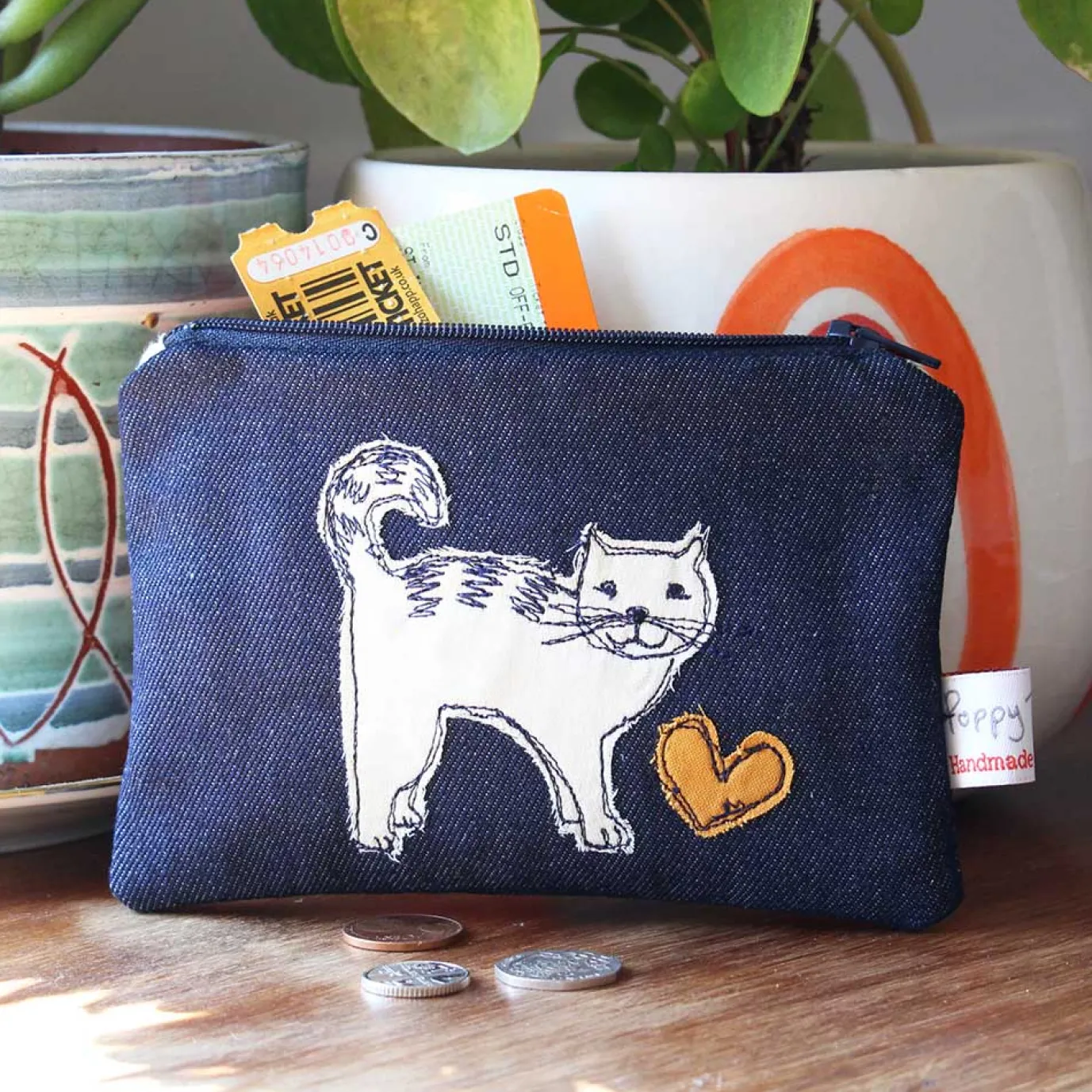 Cat Embroidered Flat Coin Purse