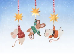 Hanging Mouse and Star Wooden Christmas Decorations