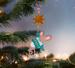 Hanging Mouse and Star Wooden Christmas Decorations