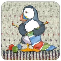 Knitting Woolly Puffins Coaster