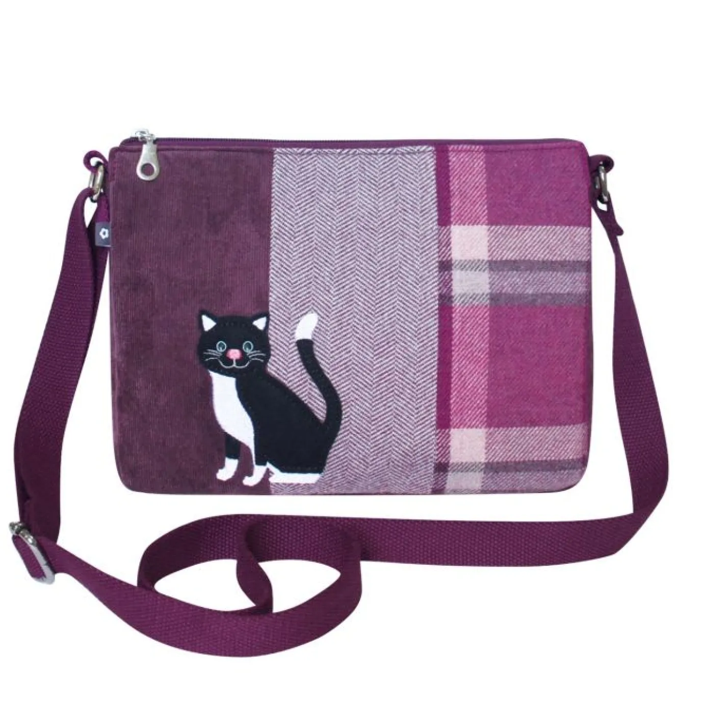 Plum Tweed Cat Applique Messenger Bag