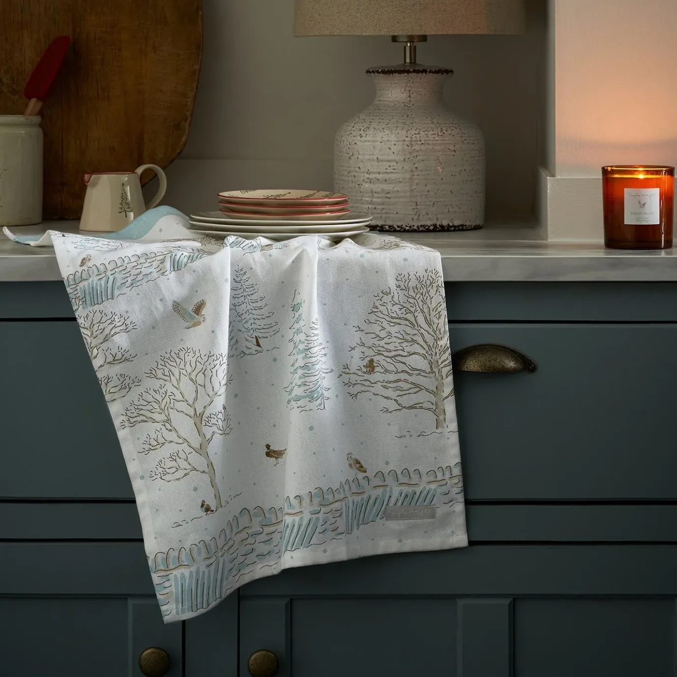 Snowy Cottage Scene Tea Towel